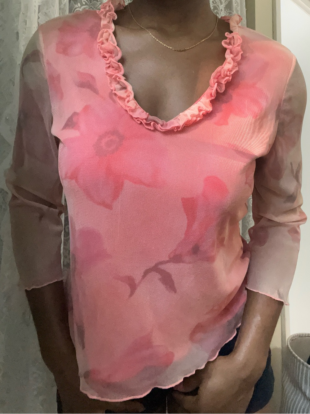 Vintage Y2K Uniform John Paul Richard Pink Floral Mesh Ruffle Top M